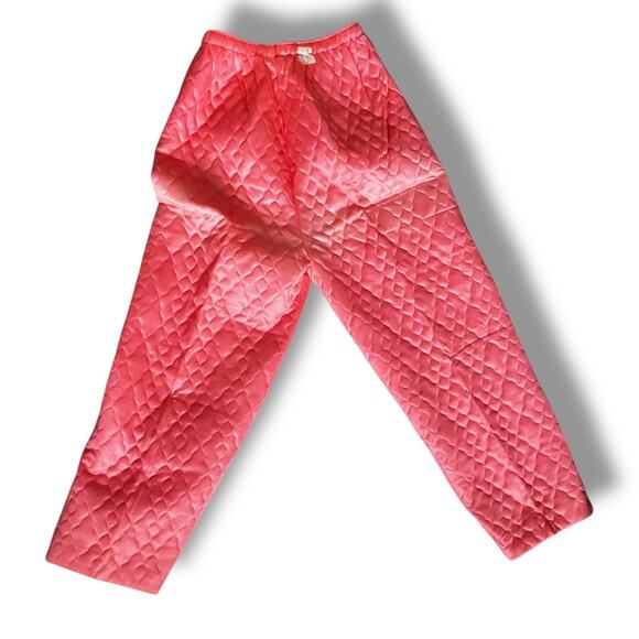 Vintage 60s Pink Quilted Satin Pajama Lounge Set Lace Trim Size 34 Medium - Picture 11 of 13